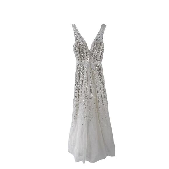 Say Yes To The Dress Prom TLC White Wedding A Line Sequin V Neck Formal Size 3/4 - Picture 2 of 10